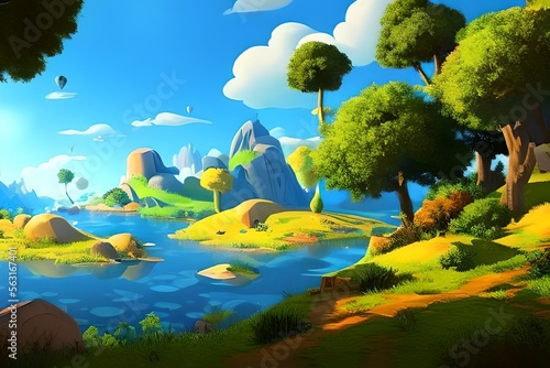 Beautiful Fantasy Grass Game Landscape - A Simple yet Vibrant Cartoon Background for Games