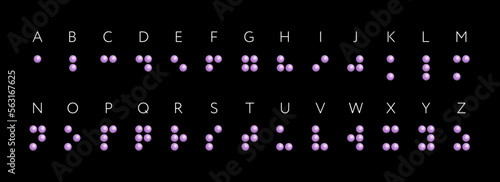 Braille Visually Impaired Writing System Symbols. Braille Language. Blind Reading system. Dots Letters for Blind People template. Vector Illustration EPS10. Braille Alphabet Guide A-Z on black back