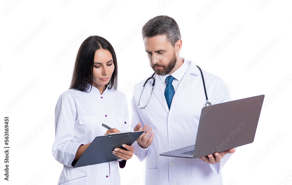 doctor and internist do ehealth noting isolated on white. doctor with internist noting ehealth doctor and internist do ehealth noting isolated on white. doctor with internist noting ehealth