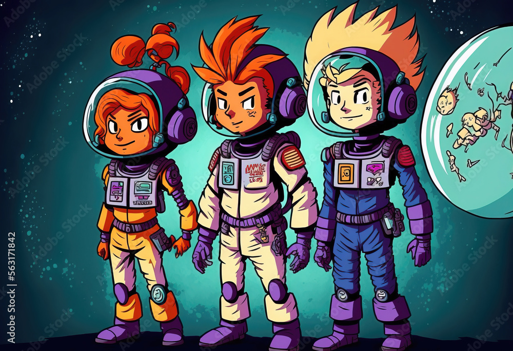 Teenage astronauts space explorers. sketch art for artist creativity and inspiration. generative AI Teenage astronauts space explorers. sketch art for artist creativity and inspiration. generative AI