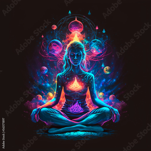 Beautiful woman in Padmasana or lotus position. Figure with the chakras or energy centers marked on her body. Image with a dark background surrounded by light and aura. Meditation. Generative AI 