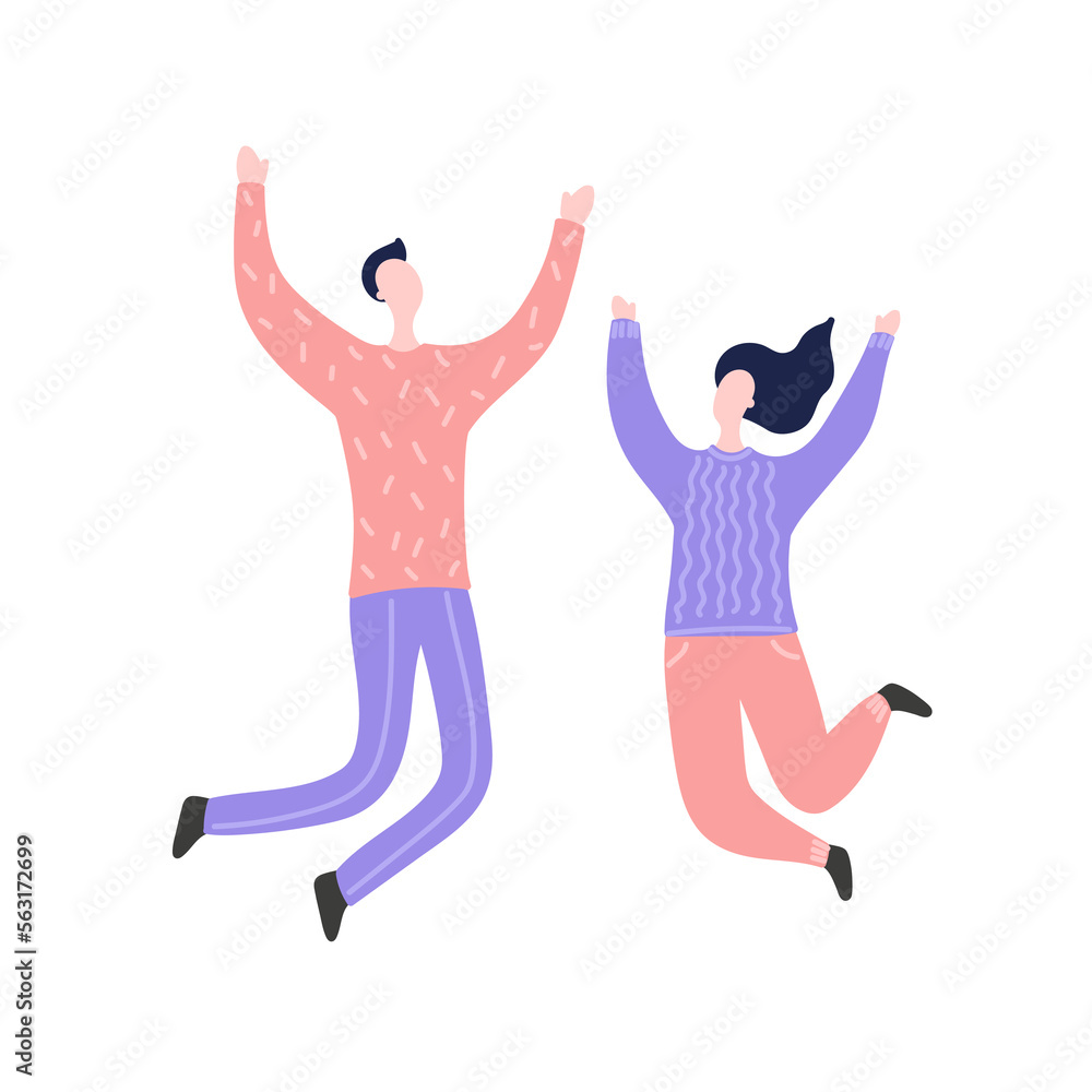 Modern flat vector illustration with happy family. Man and woman jump, delight, joy, victory. Concept of family, family values, support and connections in families