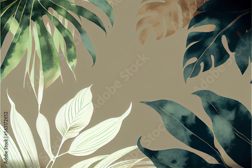 Watercolor frame with leaves, AI Generated