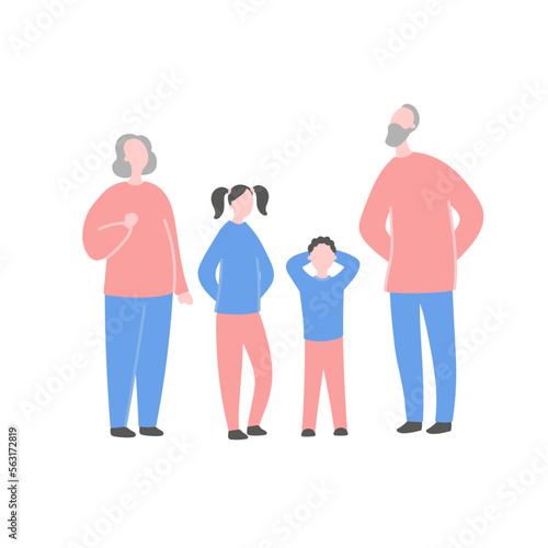 Modern flat vector illustration with grandparents and grandchildren. Grandfather  grandmother  granddaughter and grandson standing together. Concept of family  family values  support and connections i