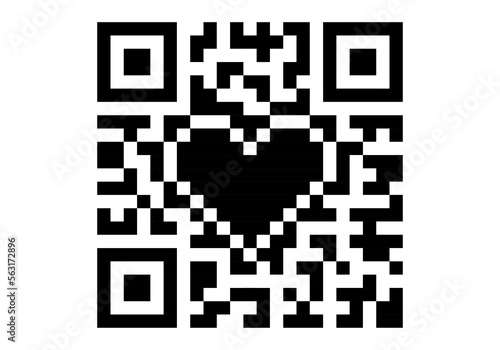 Qr code with heart isolated on white background. Pixelated qr code monochrome icon for St. Valentines day, link, wedding card, cardiology logo, game icon, web design and other use. Vector illustration