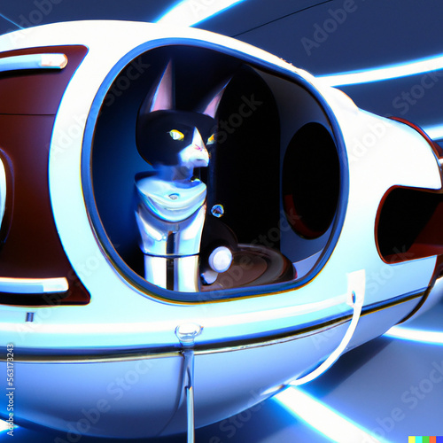 space cat on a spacecraft, looking for food in space