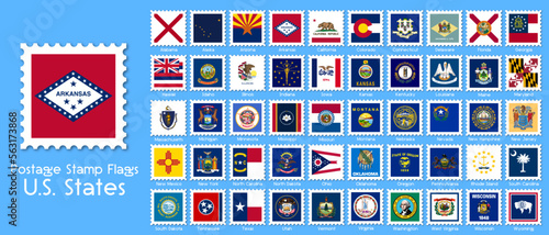 US states flag postage stamps. Collection of 50. Vector illustration.