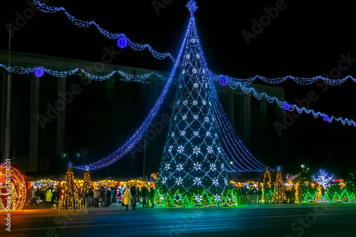 View of Kishinev, the city center with a lot of illumination and Christmas decoration, Moldova