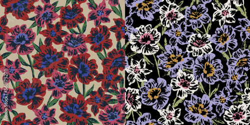SEAMLESS GRUNGE DISTRESSED HAND PAINTED FLORAL PATTERN SWATCHES.