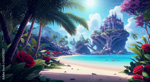 Tropical Paradise: Illustration of Caribbean Beach and Palm Trees [AI Generated]