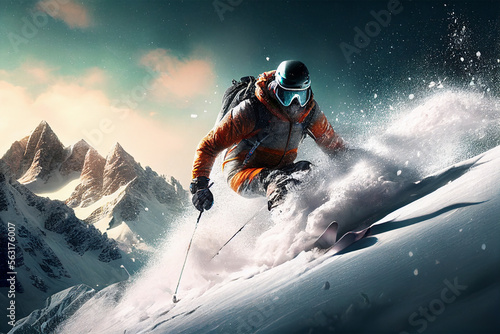 Skiing in action. Sportsman in ski suit. Skiing high in the mountains. High speed. Beautiful mountains. Generative AI
