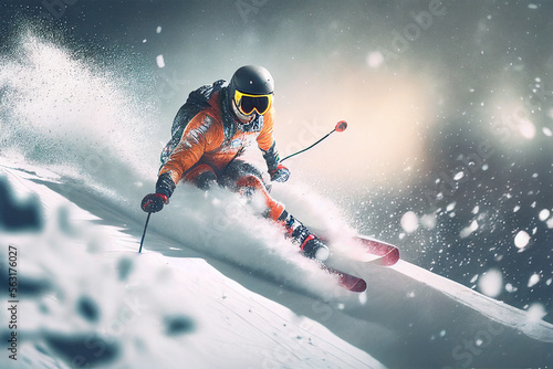 Skiing in action. Sportsman in ski suit. Skiing high in the mountains. High speed. Generative AI. Beautiful mountains