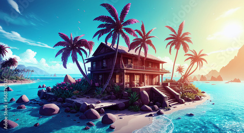 Tropical Paradise: Illustration of Caribbean Beach and Palm Trees [AI Generated]