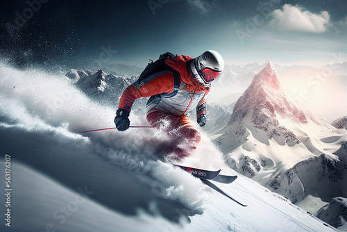 Sportsman in ski suit. Skiing high in the mountains. Side view. Skiing in action. High speed. Generative AI