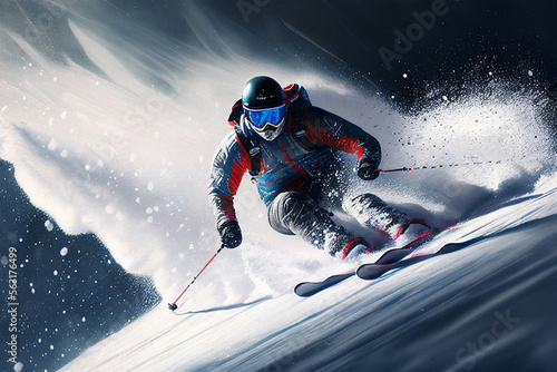 Sportsman in ski suit. Skiing in action. Winter. Skiing high in the mountains. Speed. Generative AI