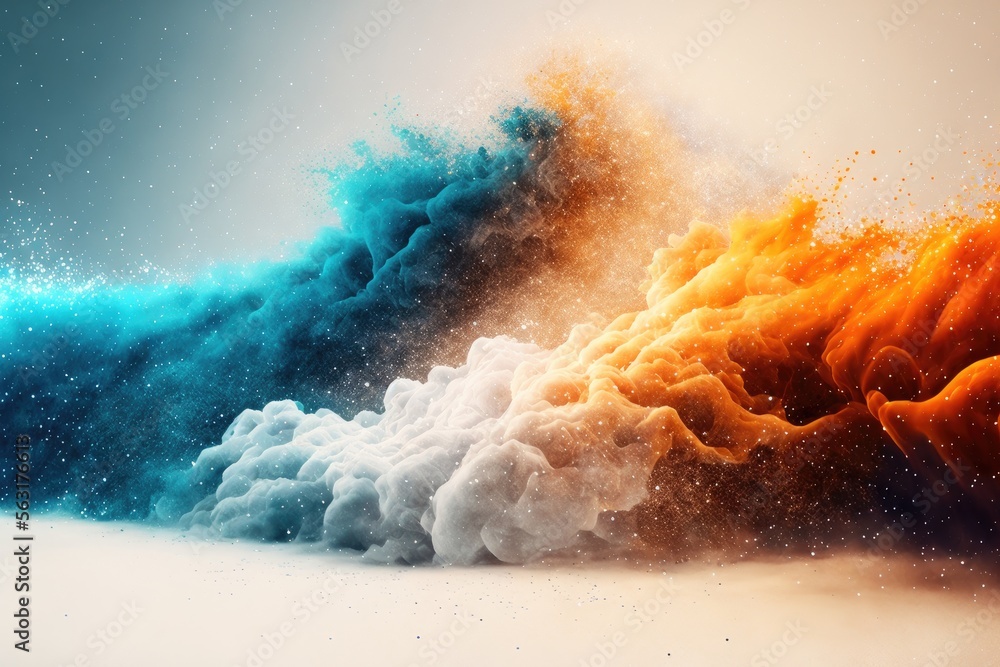 blue and orange smoke with shiny glitter particles, explosion of color ...