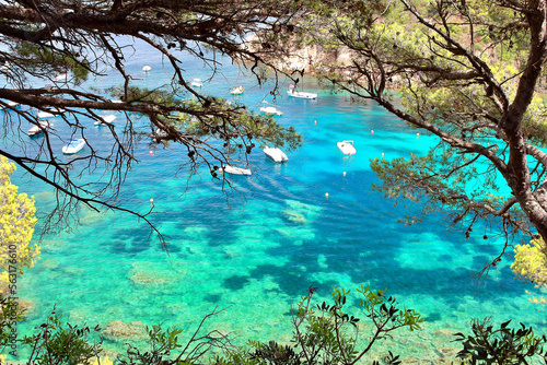 Crystal waters close to the beautiful beach of Aiguablava in Begur village, Mediterranean sea, Catalonia, Spain.