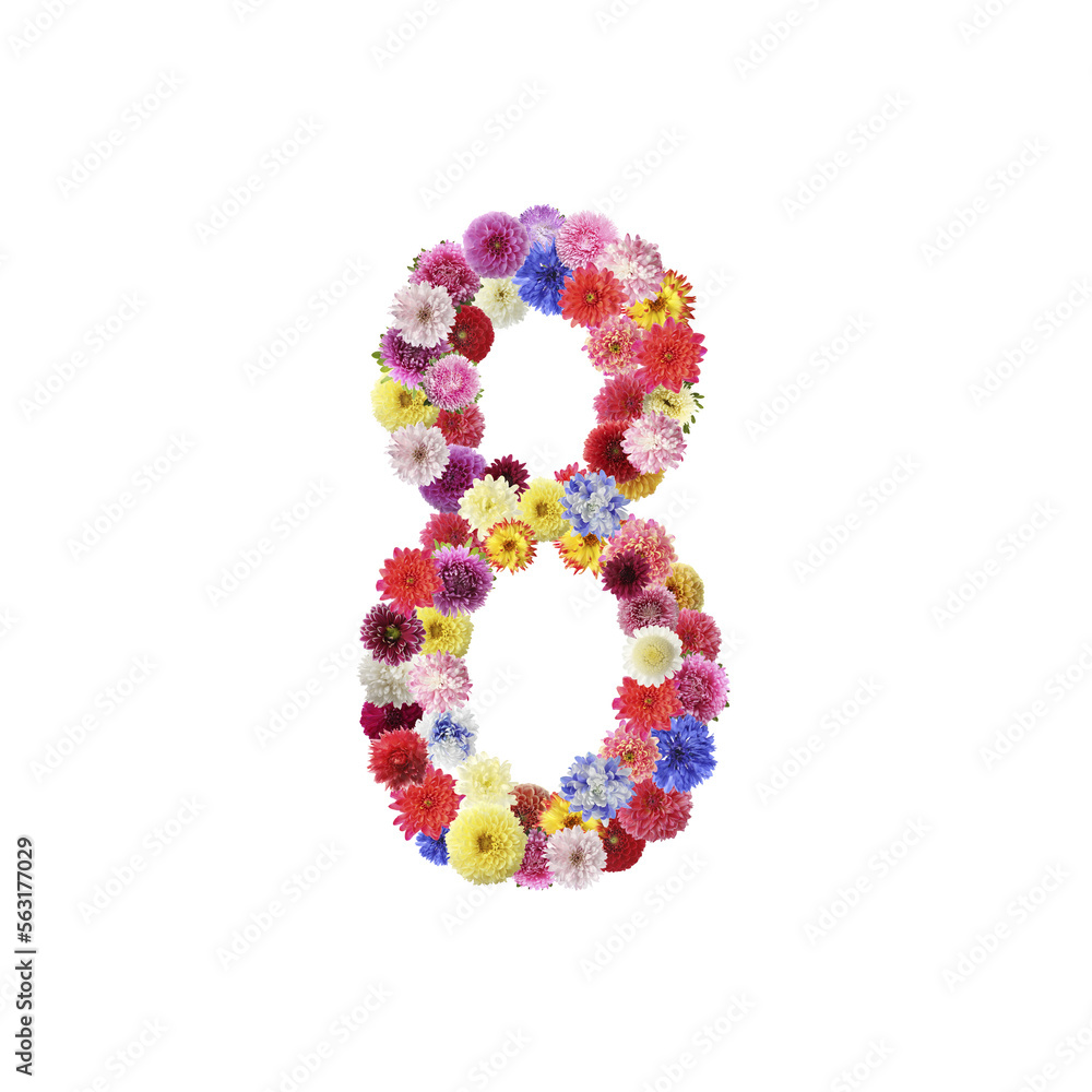 Number 8 made of beautiful flowers on white background