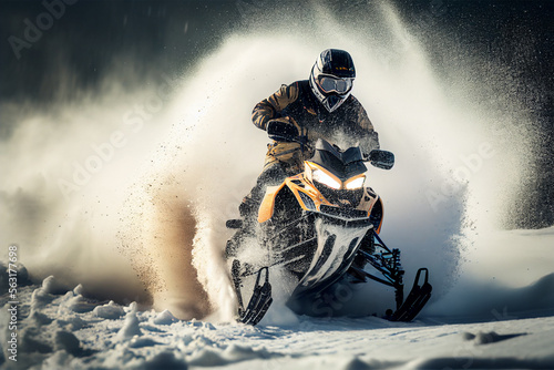 Illustration of a young man riding a snowmobile. Snowmobiling. Winter recreation and sports. Generative AI. Active lifestyle. Extreme sports