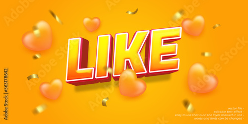 Vector editable text like with 3d heart balloon yellow background