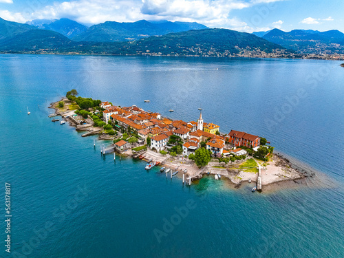 Aerial view of Isola Superiore, or Isola dei Pescatori or Island of the Fishermen in Borromean islands archipelago in Lake Maggiore, Italy photo