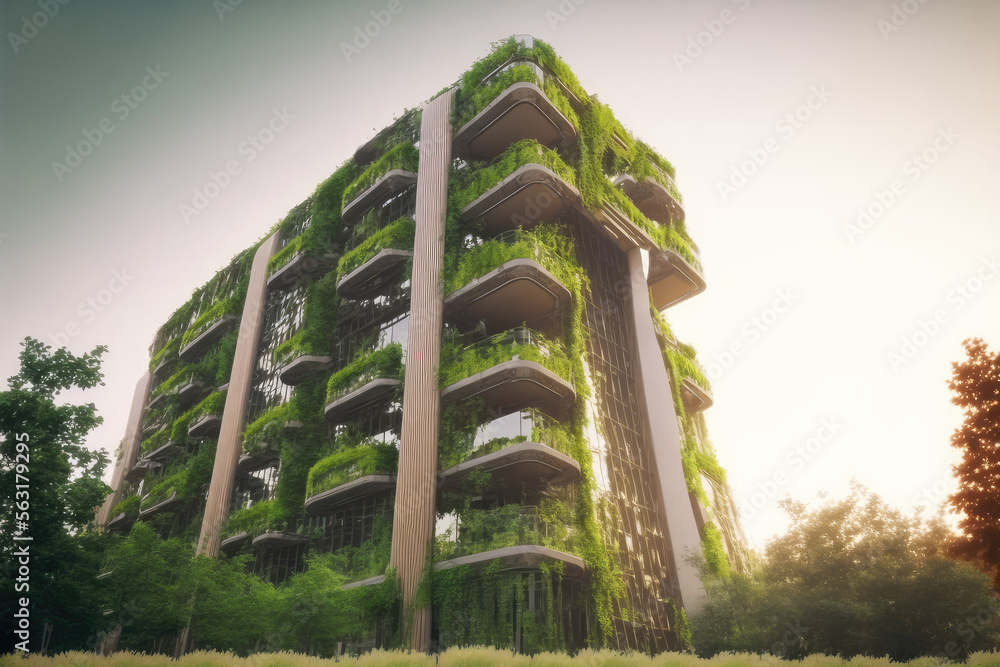 Eco friendly green building with vertical garden in modern city for ...
