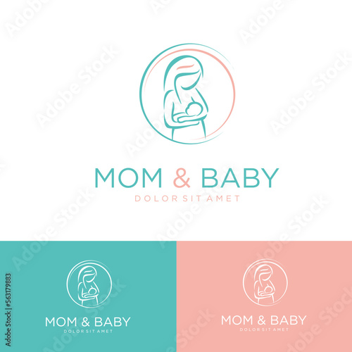 Mom and baby logo maternal woman holding a newborn baby in her arms vector illustration