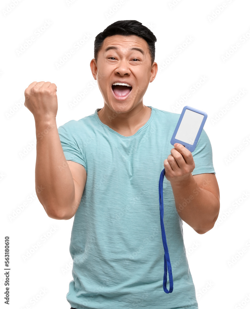 Emotional asian man with vip pass badge on white background Emotional asian man with vip pass badge on white background