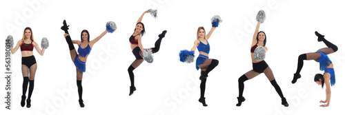 Collage with photos of beautiful happy cheerleaders in uniforms on white background
