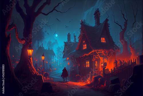 Halloween in the dark night of an ancient town. Generative AI