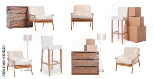 Furniture and lamps wrapped with stretch film and cardboard boxes on white background, collage design