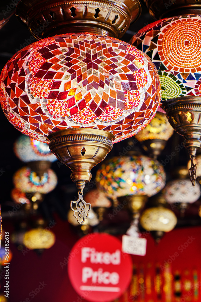 Souvenirwood shop with beautiful lamps near the Galata Tower in Istanbul