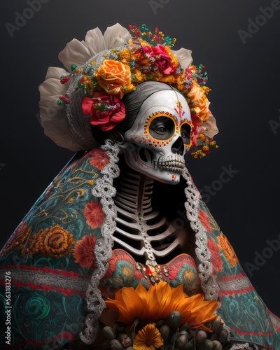 Dia de los muertos, Mexican holiday of the dead and halloween. Woman with skull make up and flower . This image is generated with generative AI