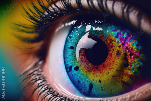 Close up view of female eye with multicolored eyeball and colorful makeup powder. Peculiar AI generative image. photo