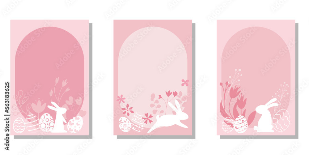 Set of Happy easter frames. Spring leaves, flowers, egg and bunnies decoration template collection. Easter illustration templates for cover, background and leaflet design. Vector illustration.