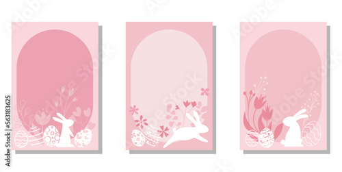 Set of Happy easter frames. Spring leaves, flowers, egg and bunnies decoration template collection. Easter illustration templates for cover, background and leaflet design. Vector illustration.