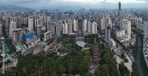 Wenzhou, China - January 20, 2023: Aerial view of Wenzhou Wuma street, the city center