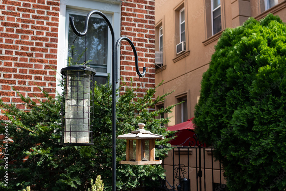 Two Hanging Bird Feeders in a Garden in front of a Brick Home during Summer Two Hanging Bird Feeders in a Garden in front of a Brick Home during Summer