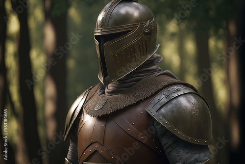 concept de chevalier médiéval en armure dans une forêt photo