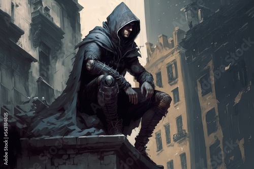 illustration numérique de fantasy, assassin en capuche assis sur un toit de ville médiévale photo