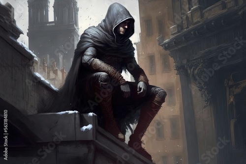 illustration numérique de fantasy, assassin en capuche assis sur un toit de ville médiévale photo