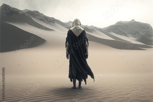 illustration d'une personne de dos avec une cape et capuche, seul dans un désert de sable sur une autre planète