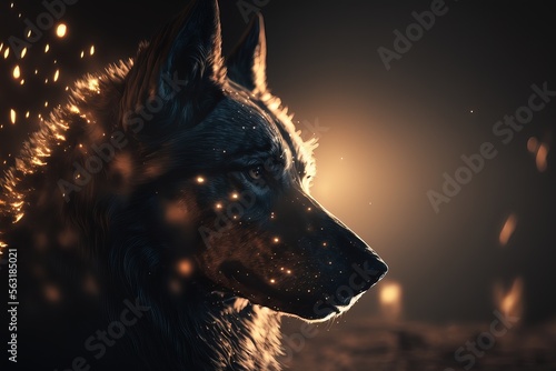 portrait de tête de loup avec lumière dramatique et particules brillantes photo