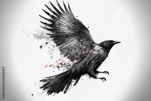 illustration à l'encre et aquarelle d'un corbeau qui s'envole sur fond blanc photo