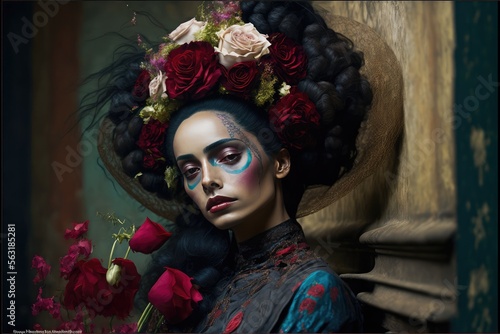 Dia de los muertos, Mexican holiday of the dead and halloween. Woman with skull make up and flower . This image is generated with generative AI © Adriana