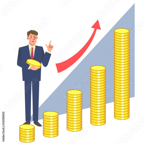 増加するお金のグラフと指差すビジネスマン