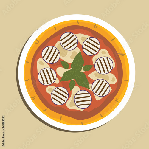 Traditional italy pizza in the italian national colours green, white,red. With rocket salad, parmesan, and tomato topping isolated on white Plate. Food illustration Cartoon for poster design