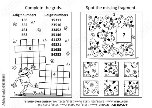 Activity page with two games. Language-independent fill-in crossword puzzle with 3- and 5-digit numbers. Spot the missing fragment of pattern with butterflies. Black and white. Answers included.
