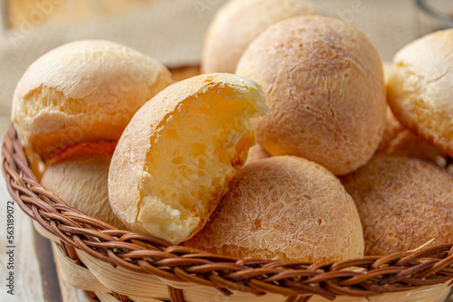 basket with cheese breads, traditional brazilian breakfast concept