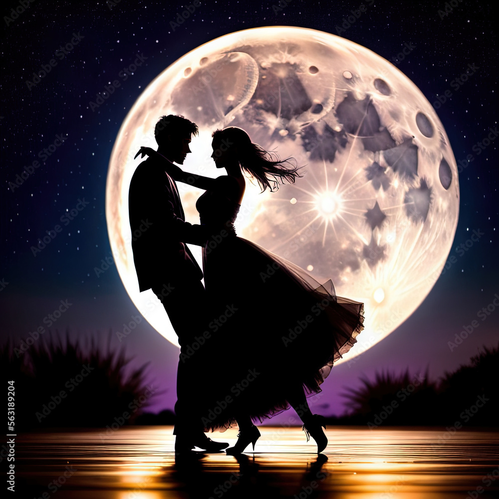 silhouette of a couple dancing in the night with Full Moon Behind ...